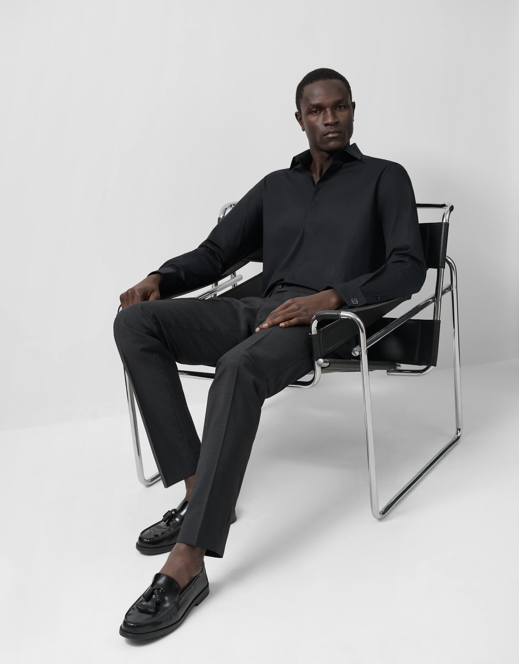 Slim fit black dress shirt with twin cuffs