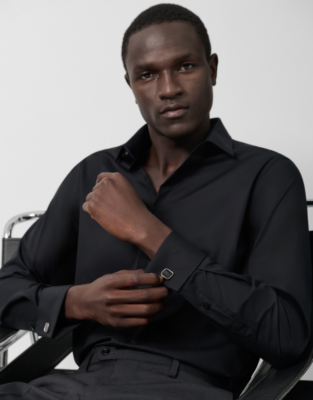 Slim fit black dress shirt with twin cuffs