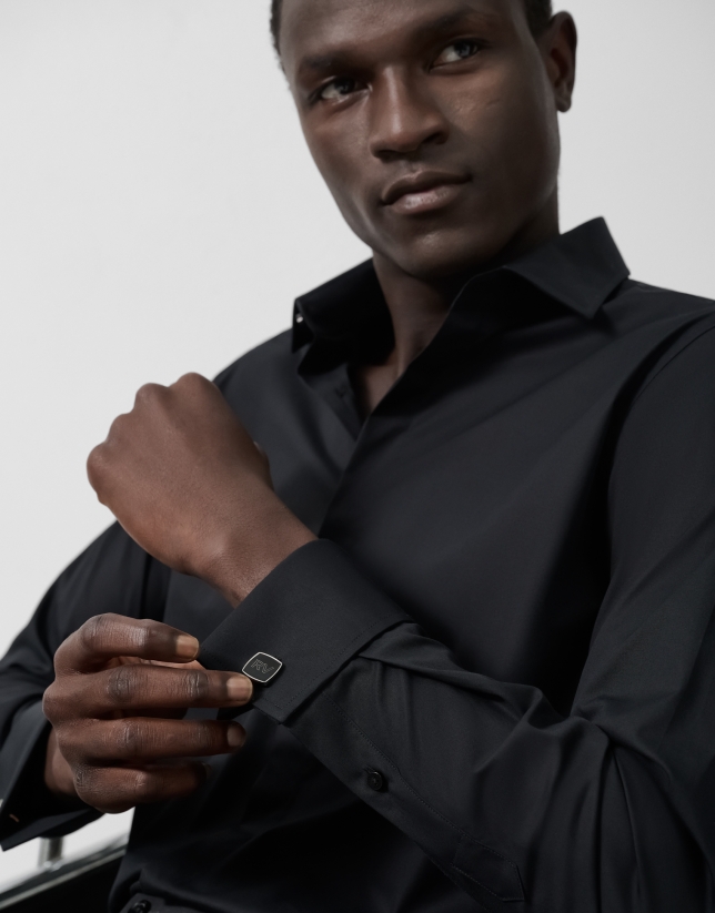 Slim fit black dress shirt with twin cuffs