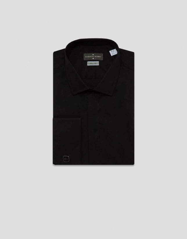 Slim fit black dress shirt with twin cuffs