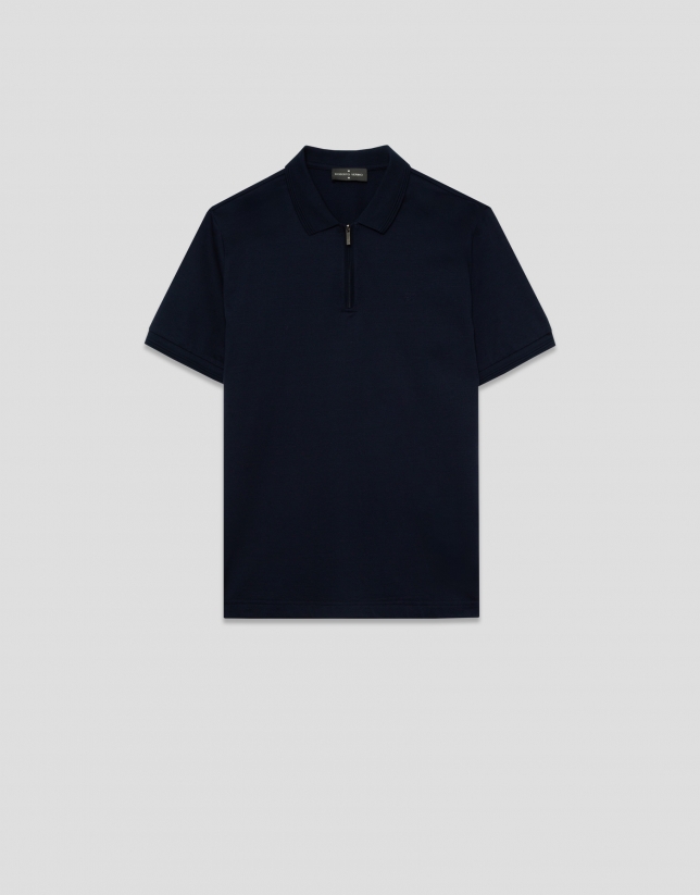 Navy textured short-sleeved polo shirt