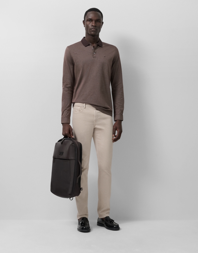Brown mercerized jacquard polo shirt with long sleeves