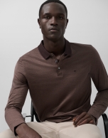 Brown mercerized jacquard polo shirt with long sleeves