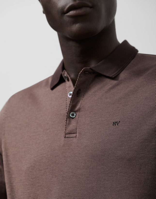 Brown mercerized jacquard polo shirt with long sleeves