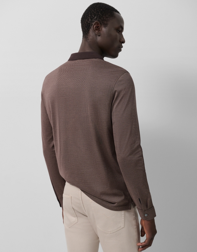 Brown mercerized jacquard polo shirt with long sleeves