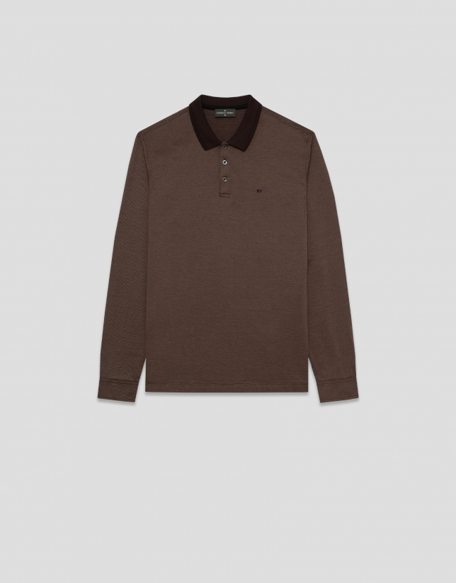 Brown mercerized jacquard polo shirt with long sleeves