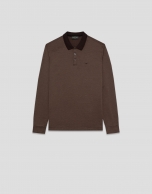 Brown mercerized jacquard polo shirt with long sleeves