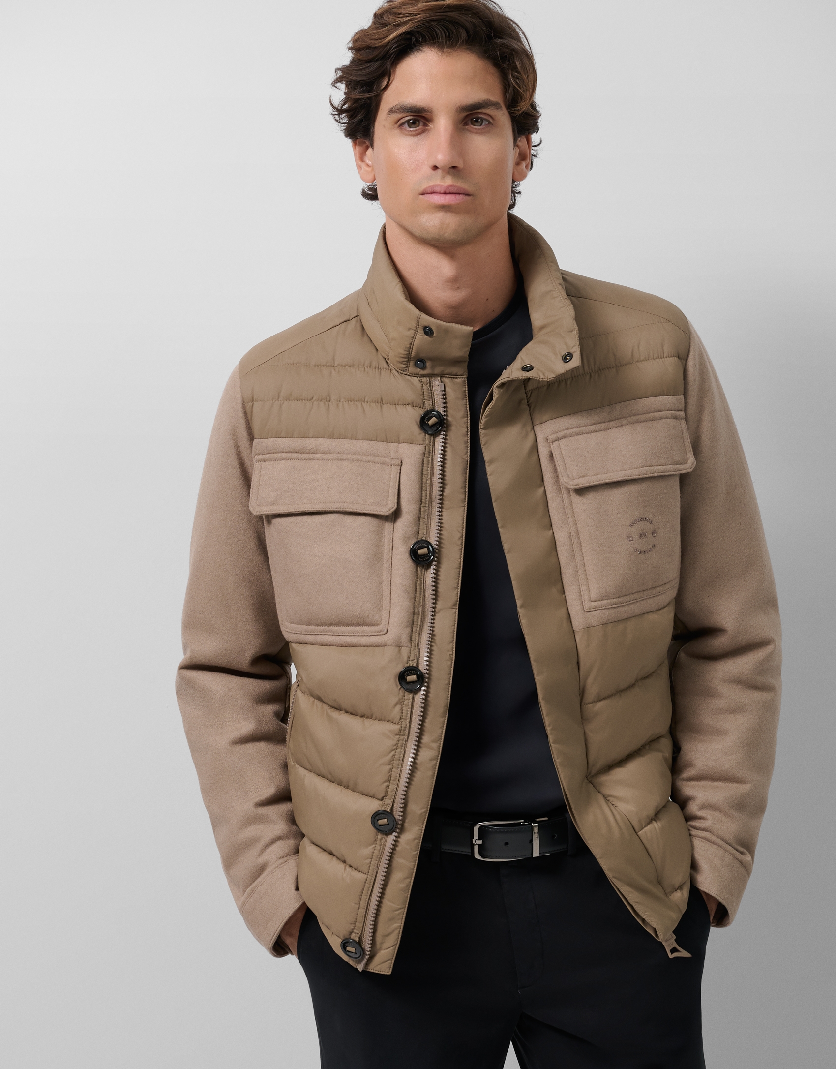 Jacket combined with technical fabric and mink-colored cloth