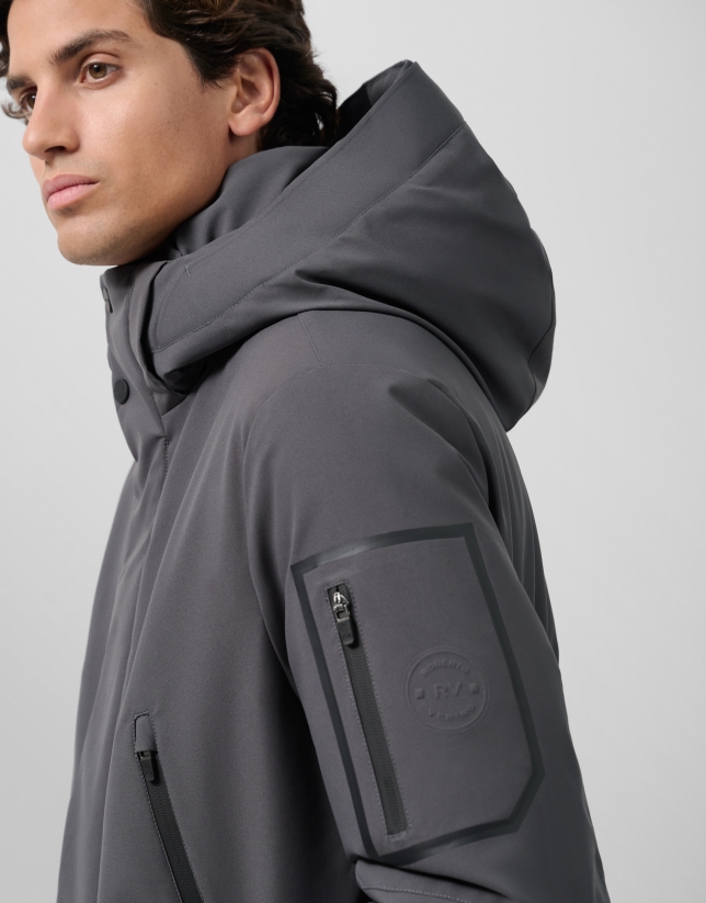 Long dark grey quilted technical trench coat