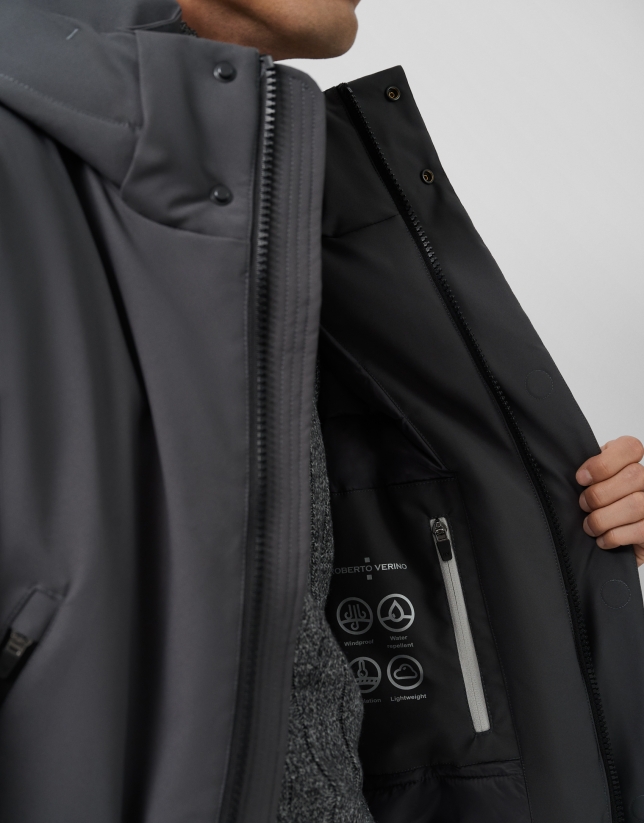 Long dark grey quilted technical trench coat