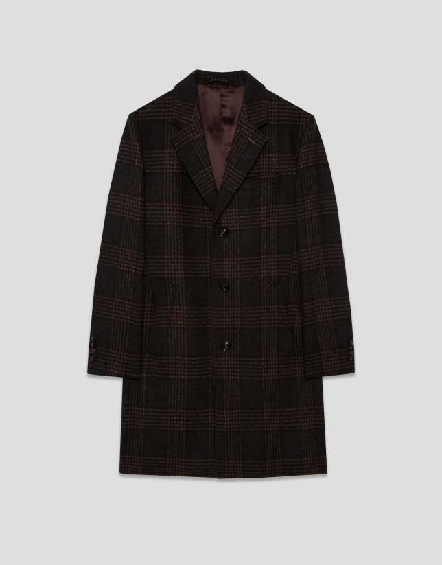 Large checkered coat in brown and natural tones