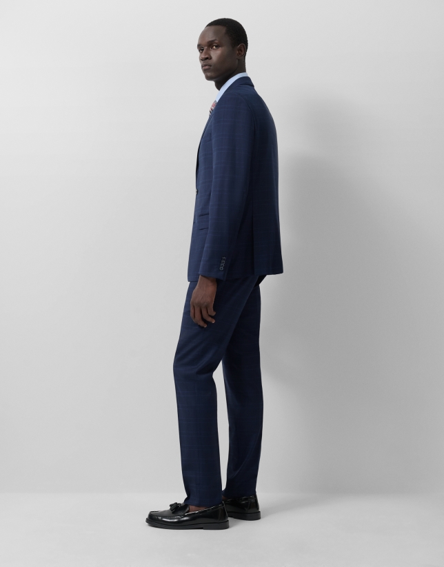 Half canvas slim fit suit in navy blue check