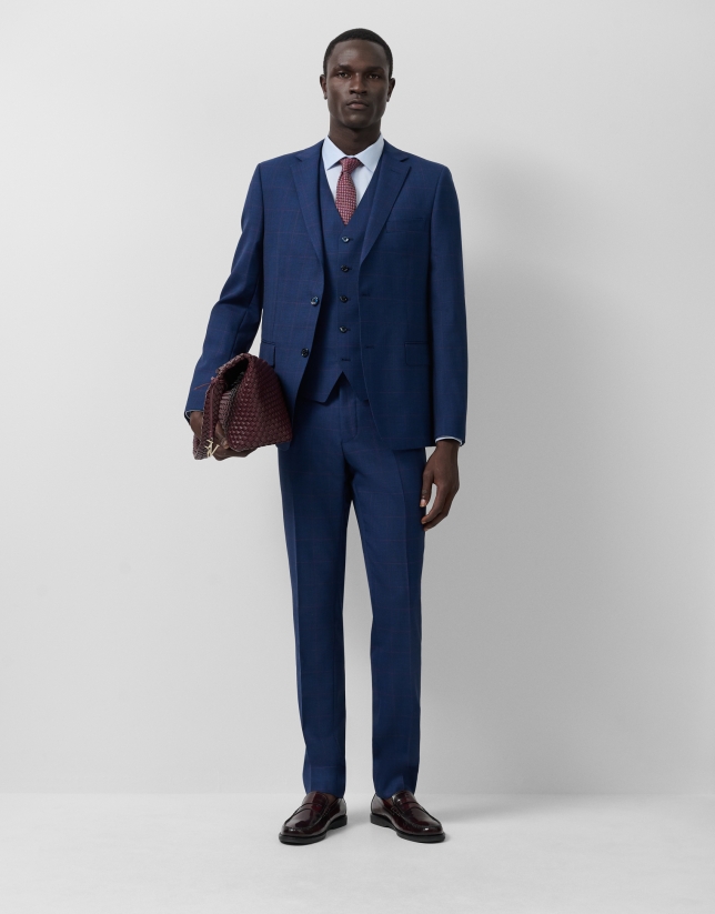 Traje half canvas slim fit cuadro azul perfil rosa