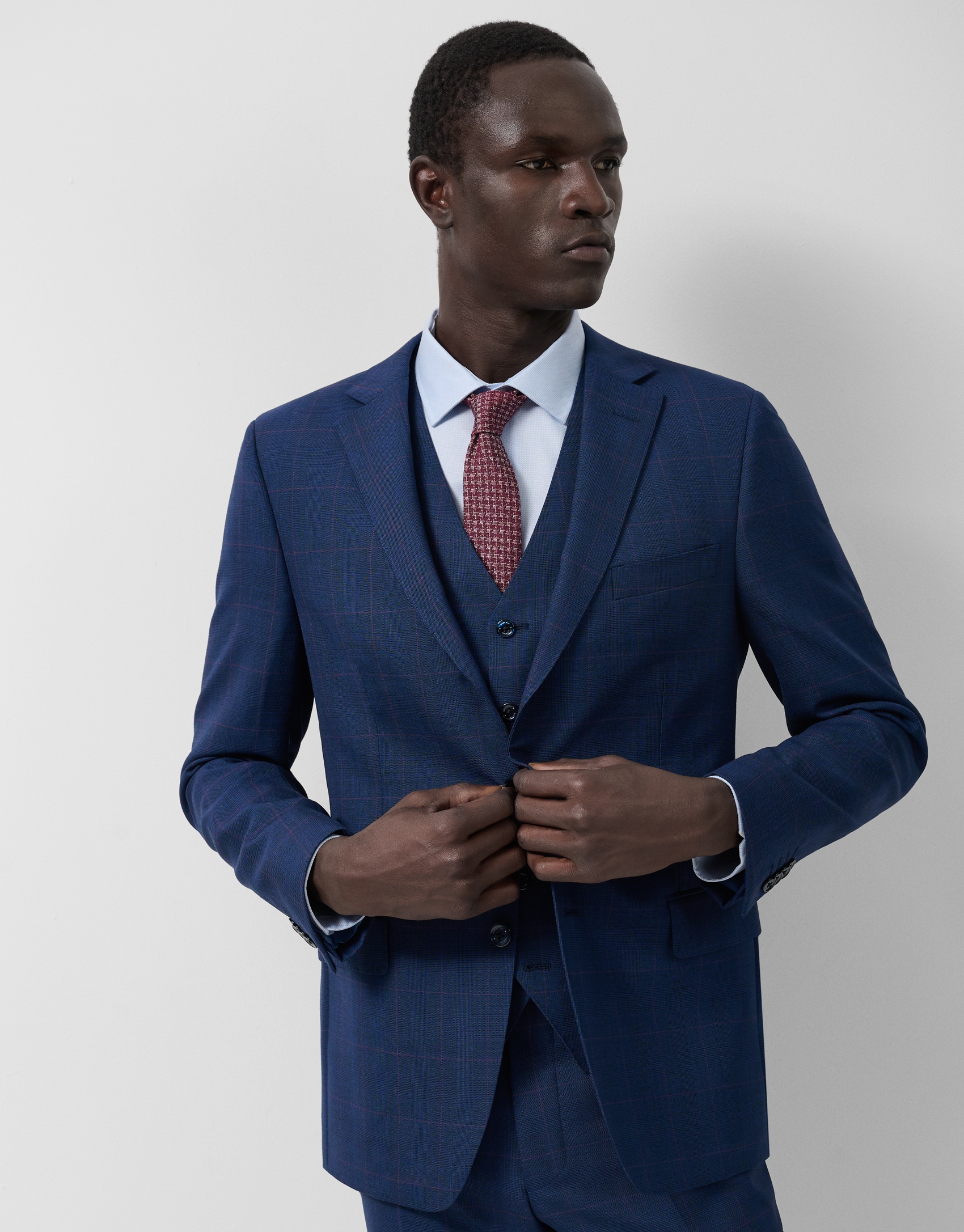 Half canvas slim fit suit in blue check with pink trim