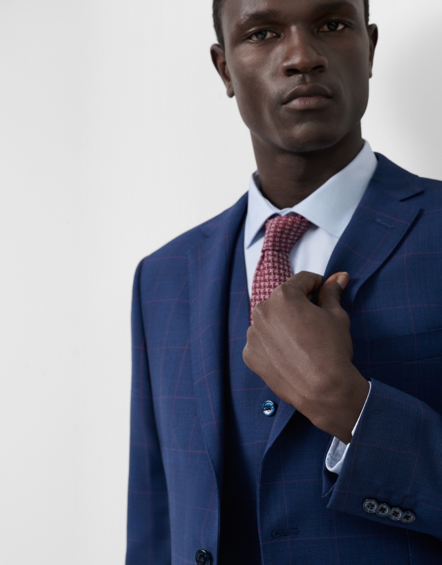 Half canvas slim fit suit in blue check with pink trim