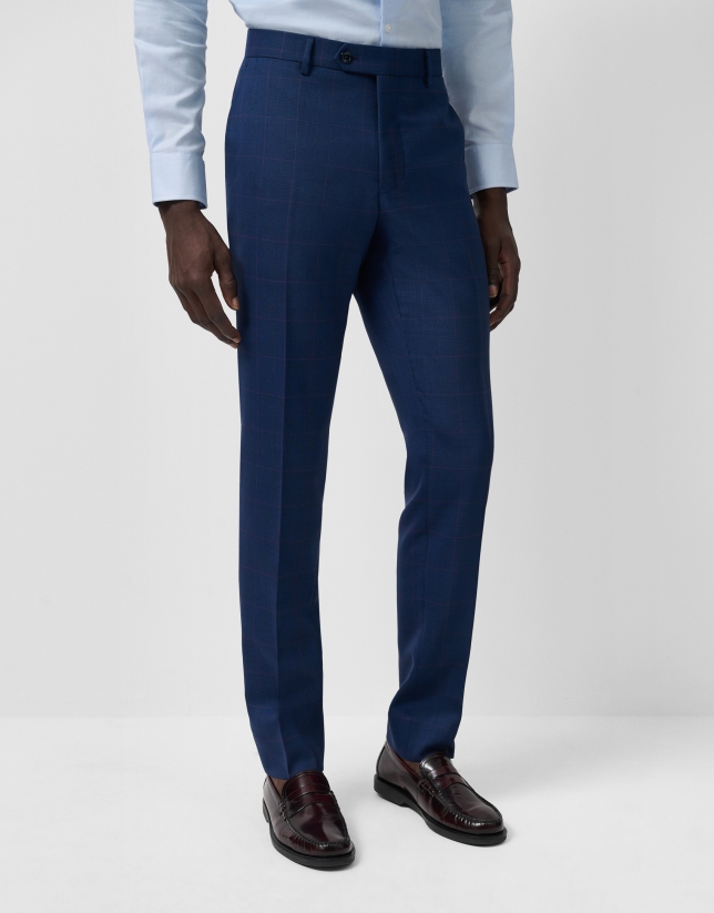 Half canvas slim fit suit in blue check with pink trim