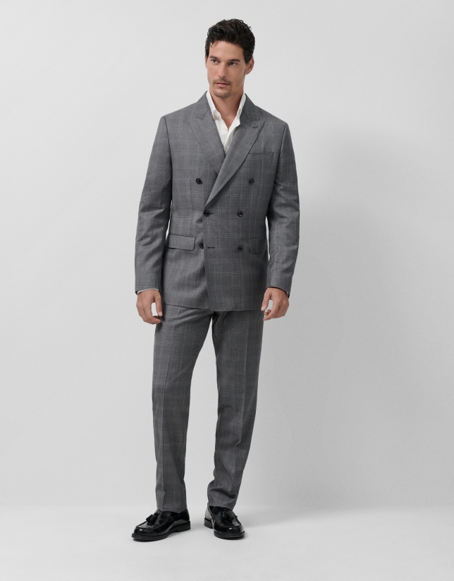 Virgin wool half-canvas suit with grey checks