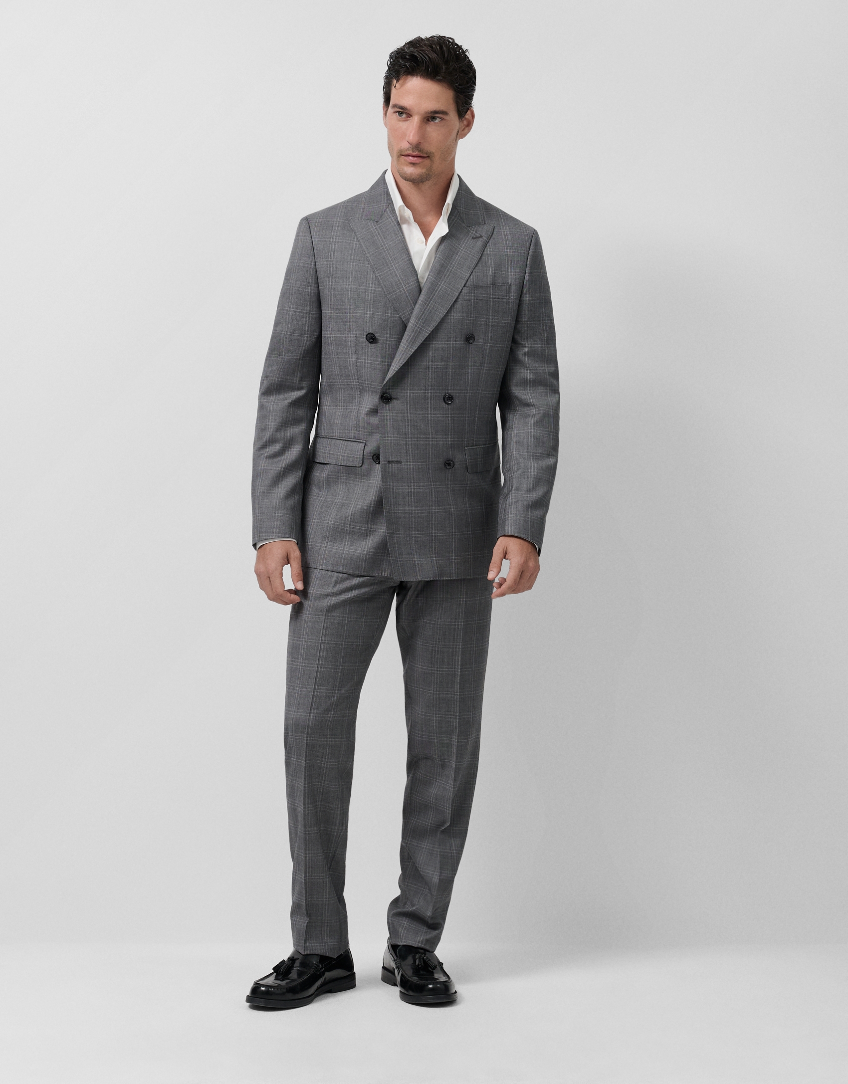 Virgin wool half-canvas suit with grey checks