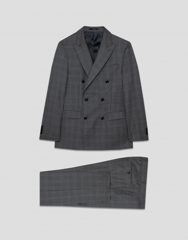 Virgin wool half-canvas suit with grey checks