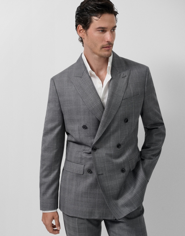 Virgin wool half-canvas suit with grey checks