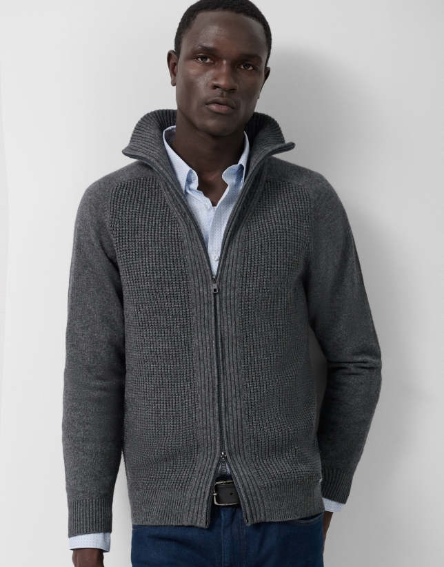 Grey melange ribbed zip-up jacket