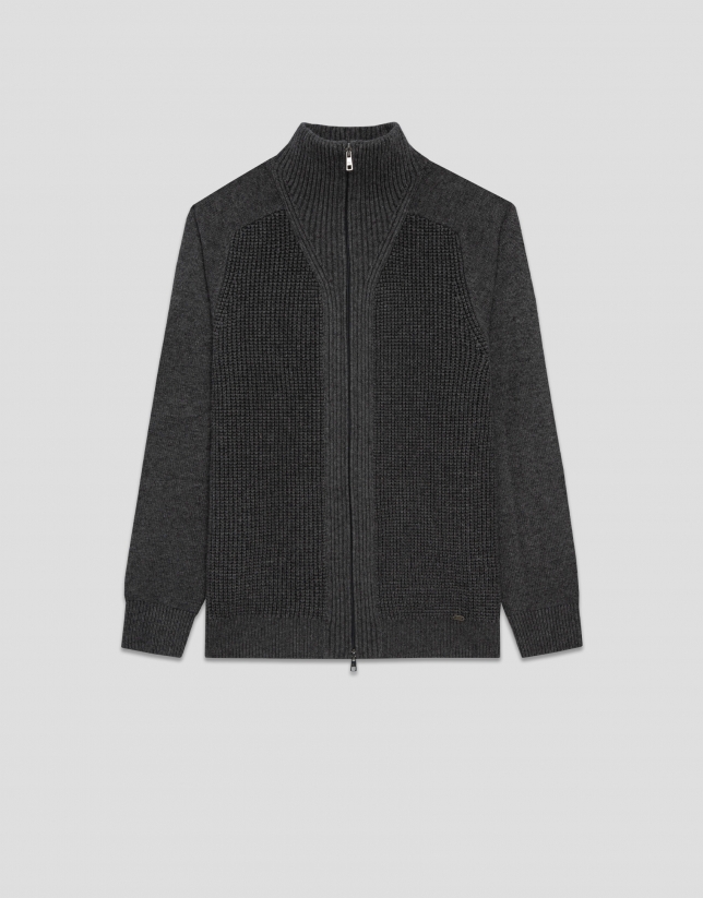 Grey melange ribbed zip-up jacket