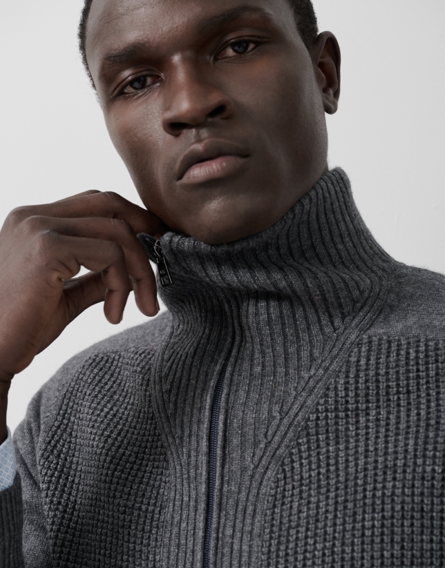 Grey melange ribbed zip-up jacket