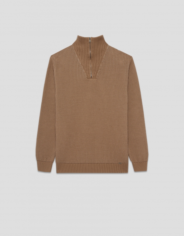 Camel-colored wrap-neck sweater