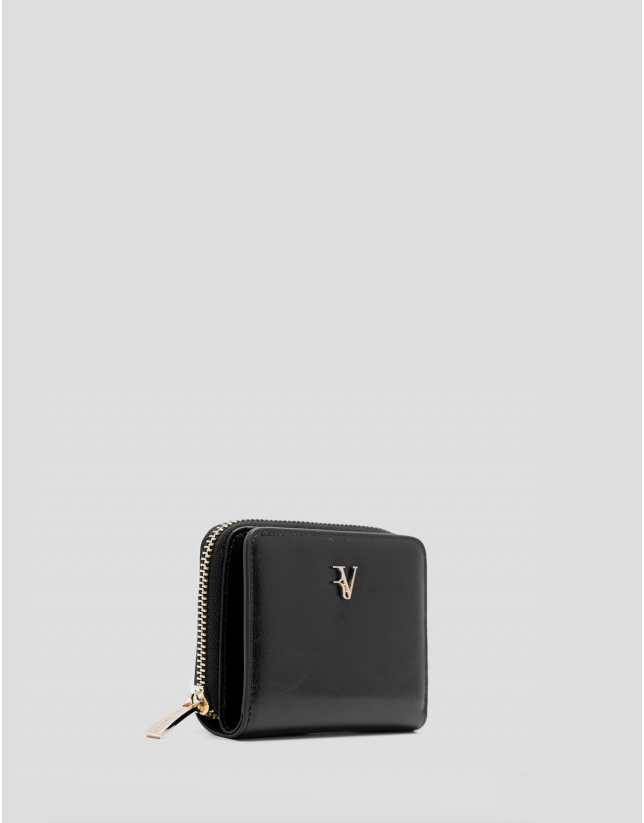 Cartera cremallera Margot piel craquelada negra