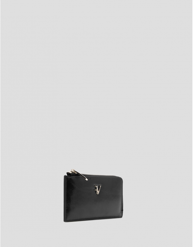 Margot card holder wallet in black crackled leather