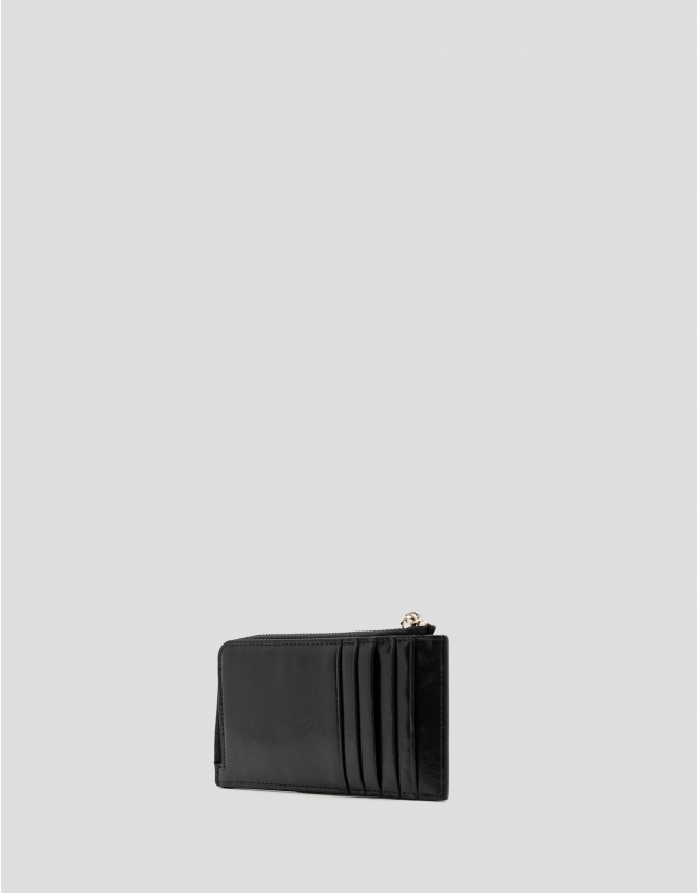 Margot card holder wallet in black crackled leather