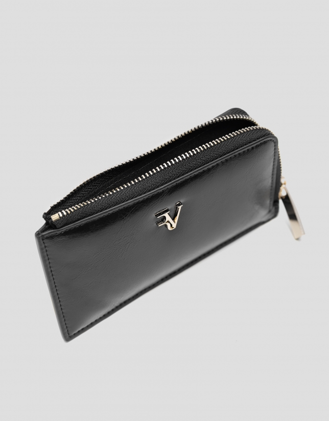 Margot card holder wallet in black crackled leather
