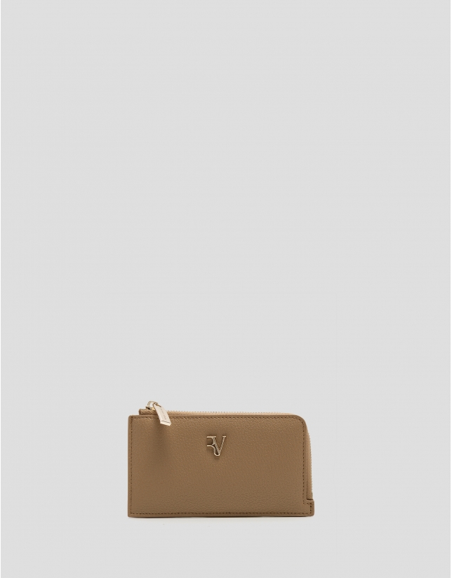 Bruna beige grained leather card holder purse