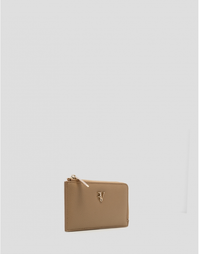 Buna beige grained leather card holder wallet