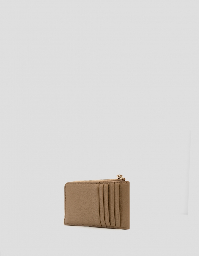 Buna beige grained leather card holder wallet
