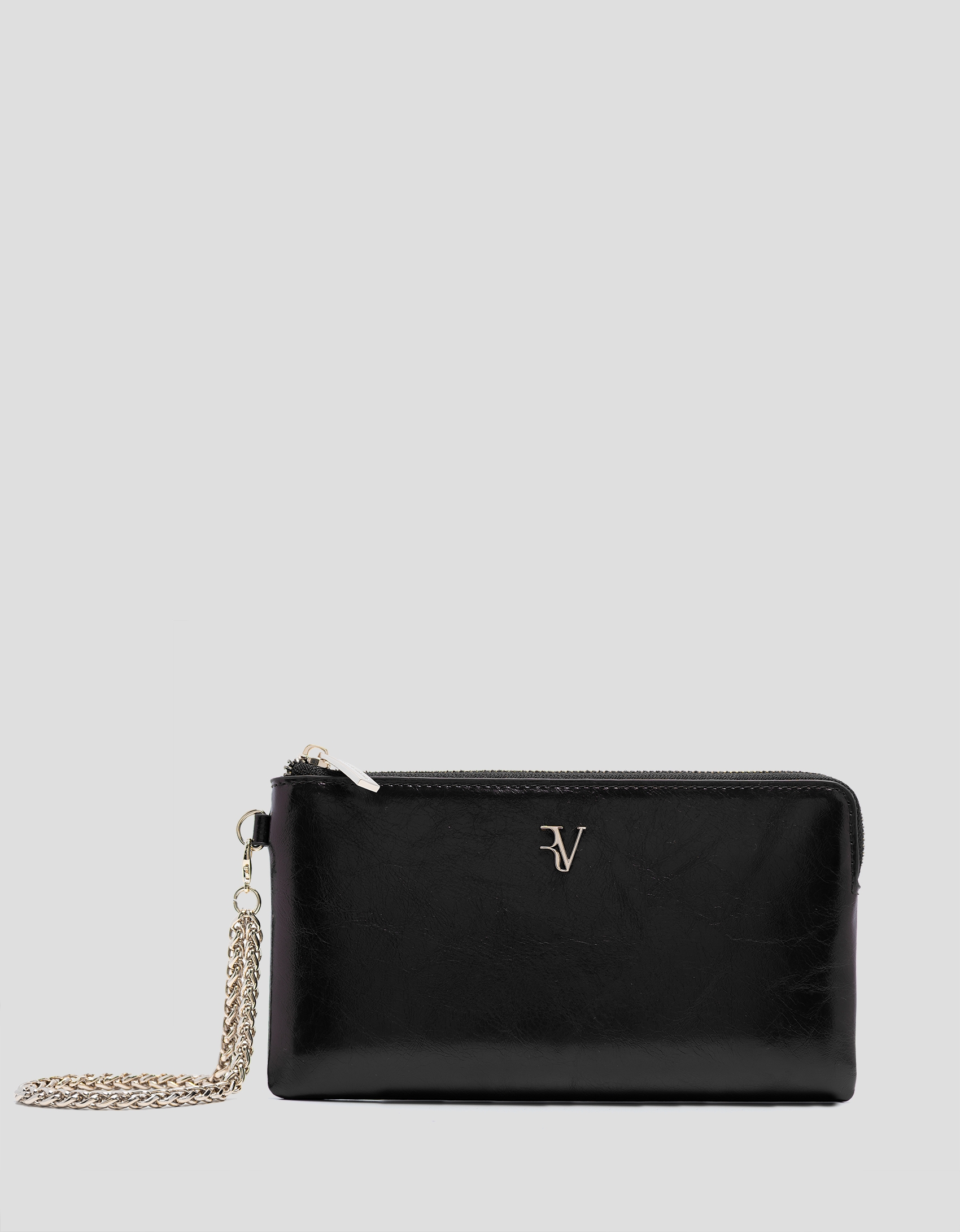Margot chain wallet in black crackled leather