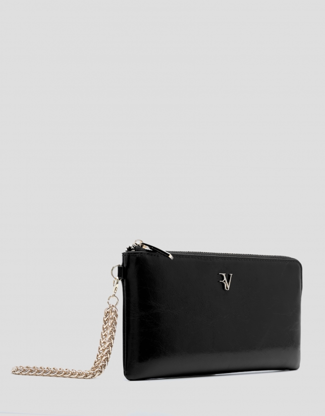 Margot chain wallet in black crackled leather