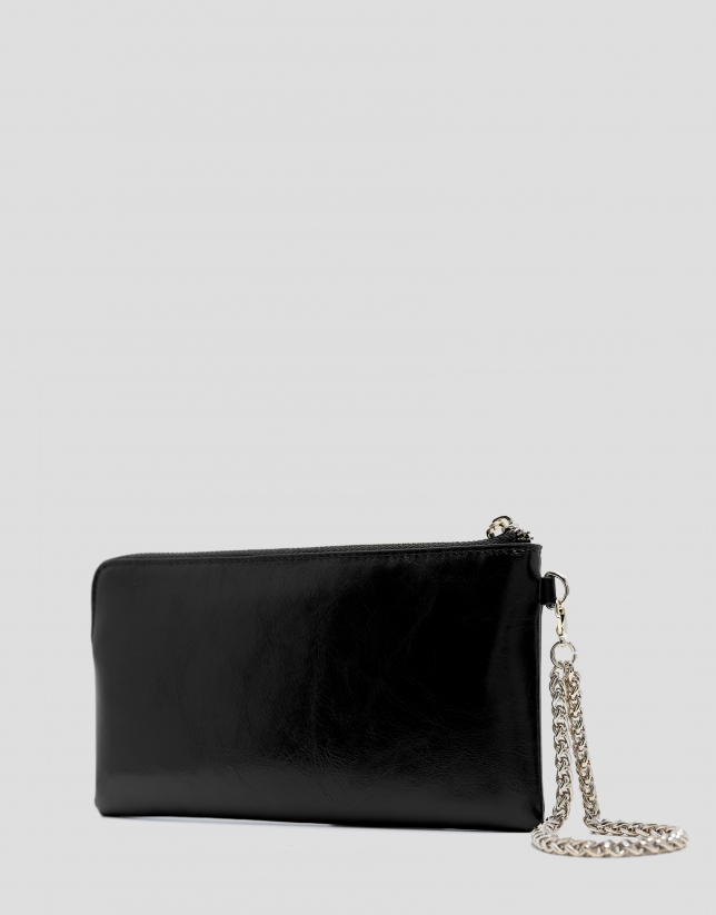 Margot chain wallet in black crackled leather