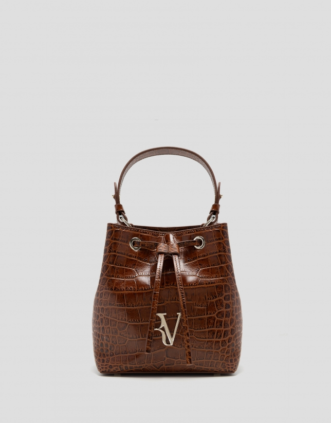 Brown crocodile-embossed leather Valentina Bucket