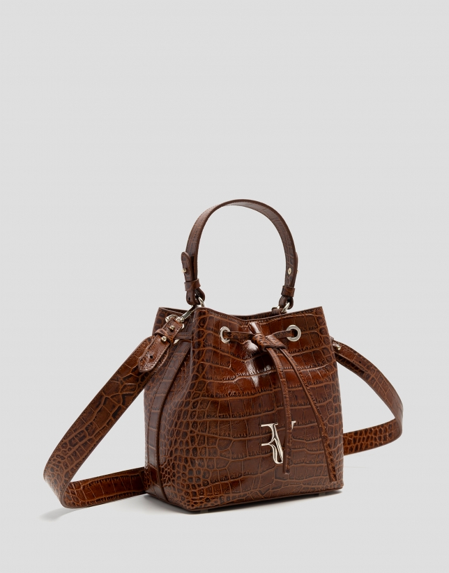 Brown crocodile-embossed leather Valentina Bucket
