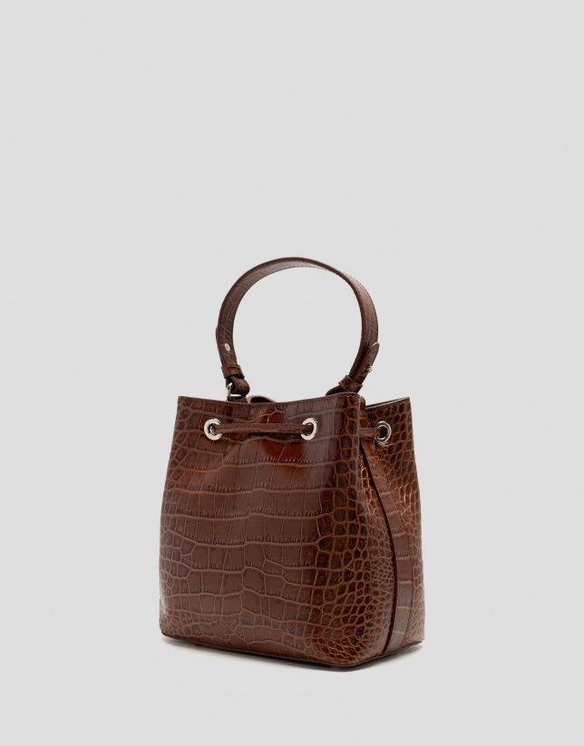 Brown crocodile-embossed leather Valentina Bucket