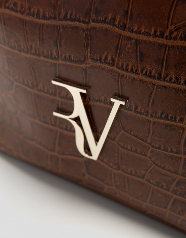 Brown crocodile-embossed leather Valentina Bucket