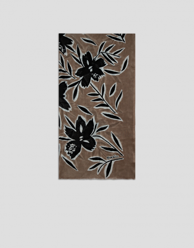Camel floral print wool/modal scarf