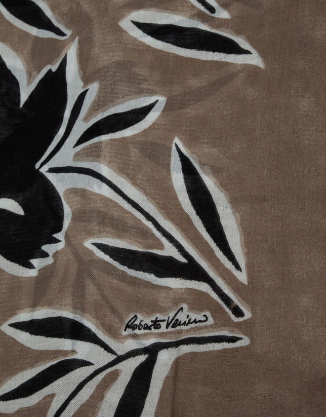 Camel floral print wool/modal scarf
