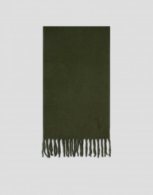 Khaki green wool scarf with embroidered RV