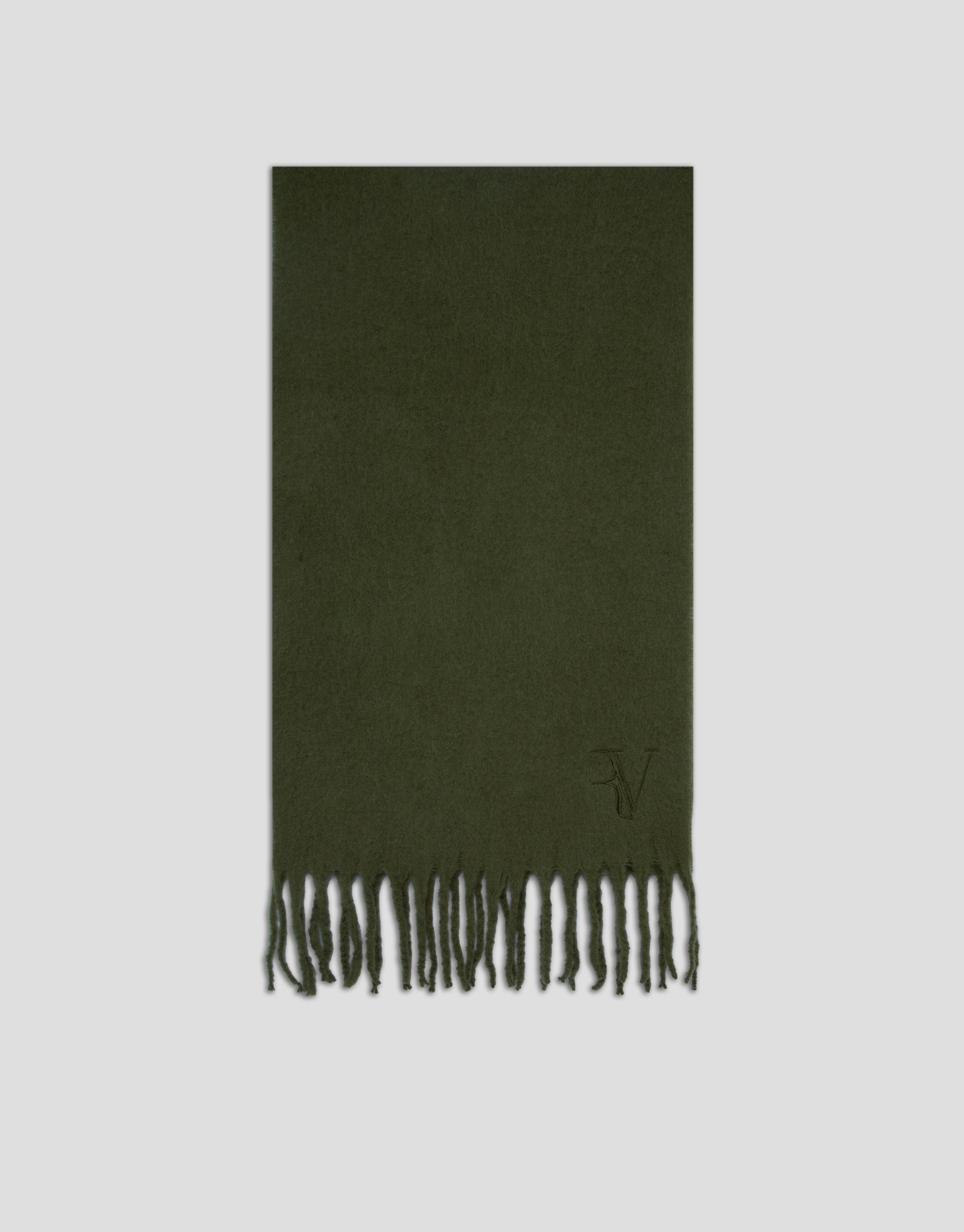 Khaki green wool scarf with embroidered RV