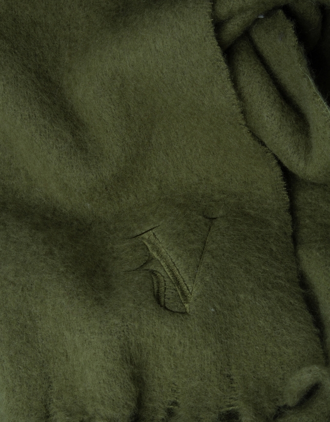 Khaki green wool scarf with embroidered RV