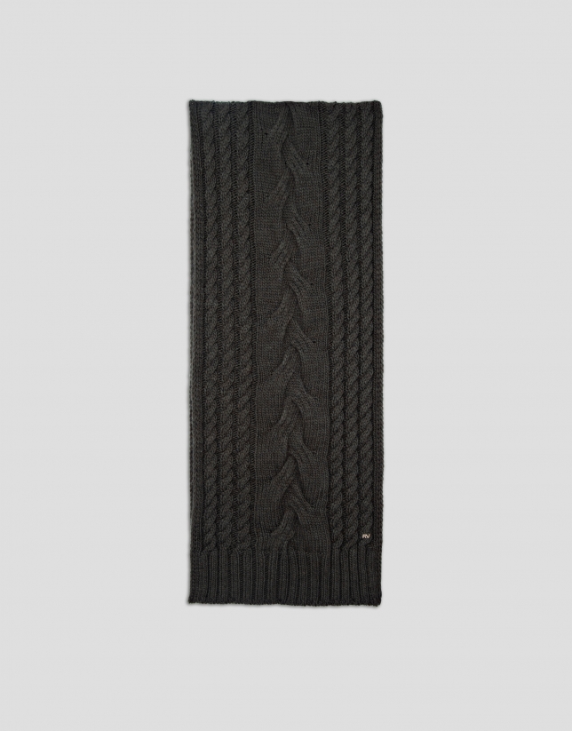 Khaki green wool and alpaca scarf with cable knit design