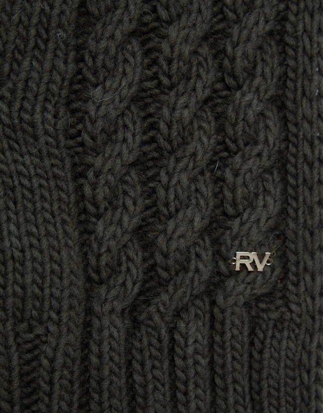 Khaki green wool and alpaca scarf with cable knit design