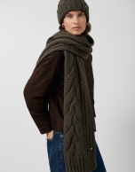 Khaki green wool and alpaca scarf with cable knit design